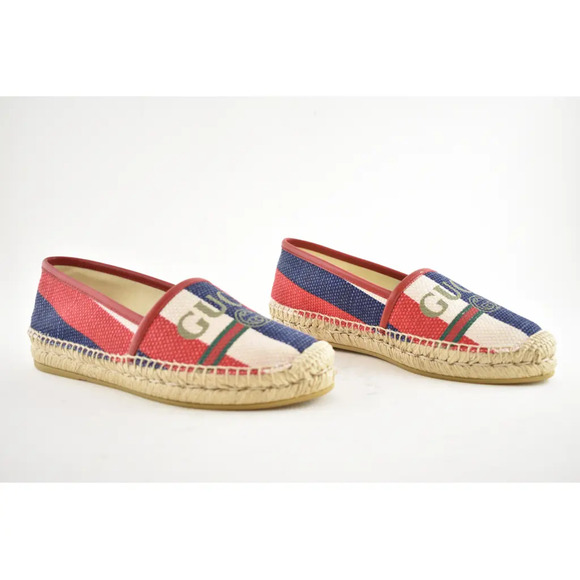 Gucci Sylvie Canvas Leather Red White Blue Logo Stripe Flat Espadrille 34.5 - Picture 4 of 11